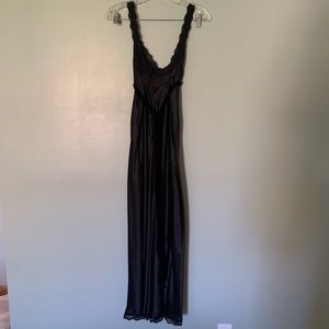 Jacalyn Bennet long black night gown with lace and velvet trim